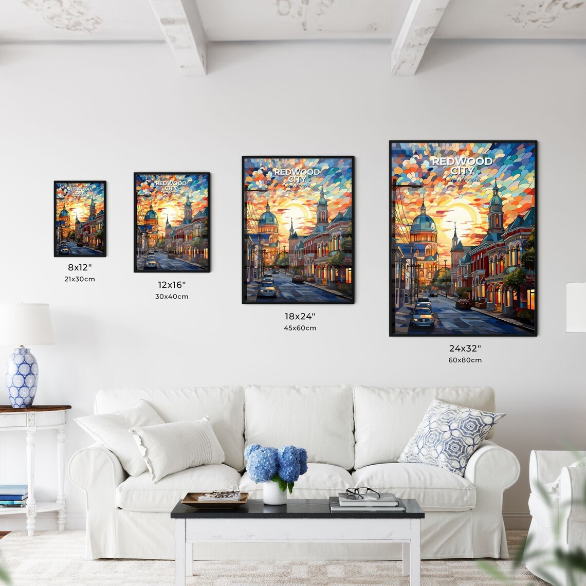 Redwood City California Downtown Sunset Mosaic Sky Travel Poster - Image 3