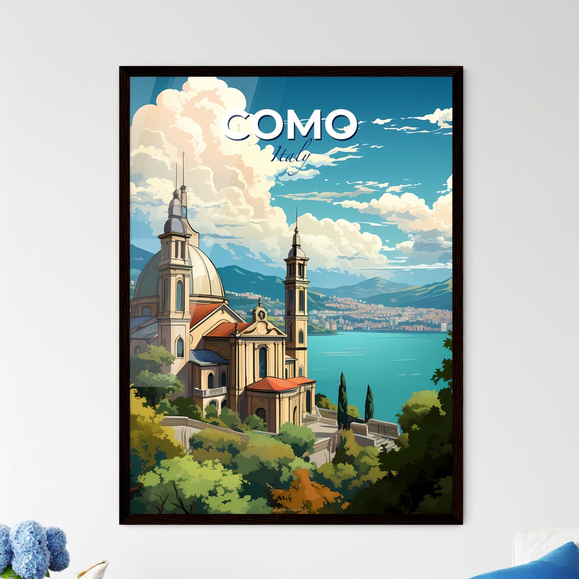 Como Italy Lakeside Basilica Dome Mountain View Travel Poster