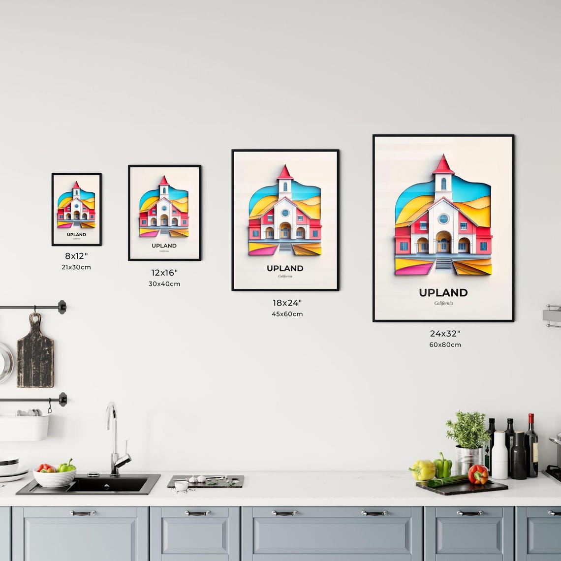 Upland California Red Church Steeple Vivid Paper Cut Art Poster - Image 3