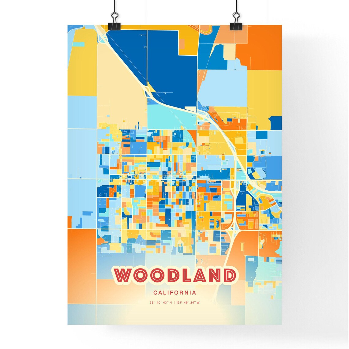 Woodland California Modern Colorful City Street Map Art Poster