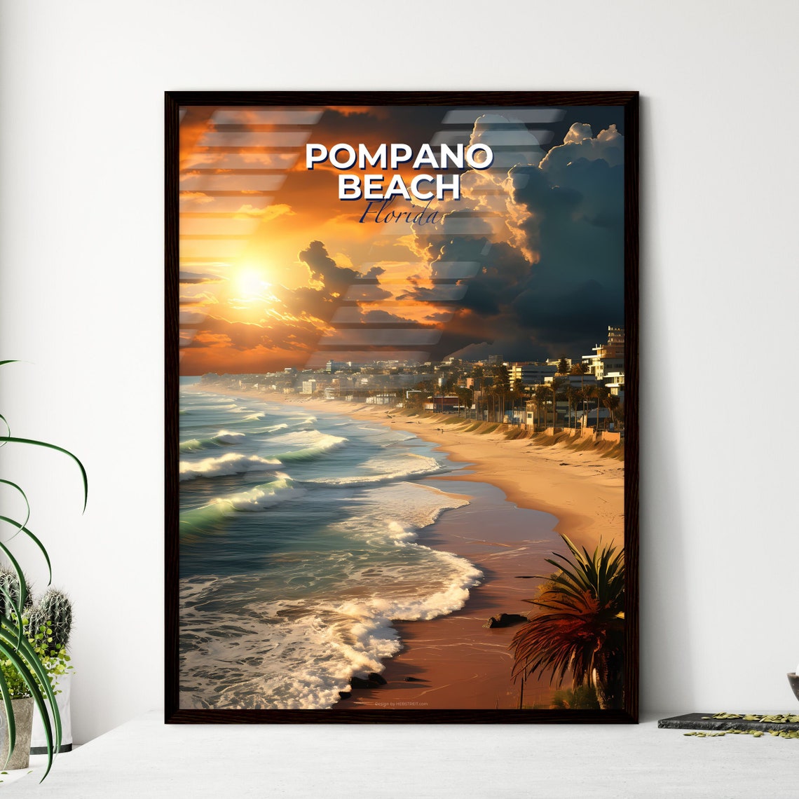 Pompano Beach Florida Ocean Sunset Shoreline Vintage Travel Poster