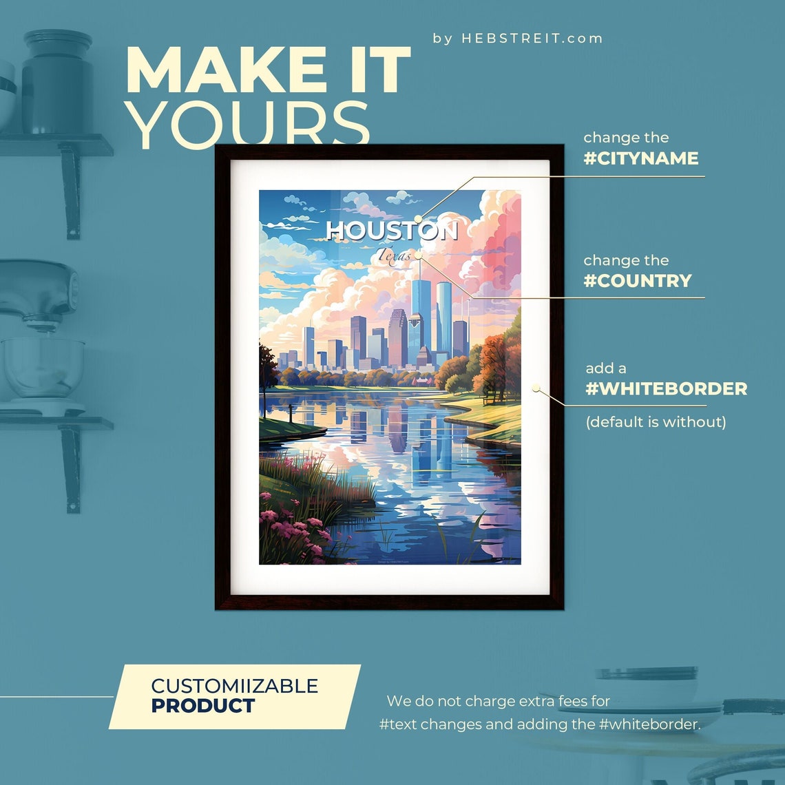 Houston Texas Downtown Skyline Lake Sunset Glow Travel Poster - Image 2