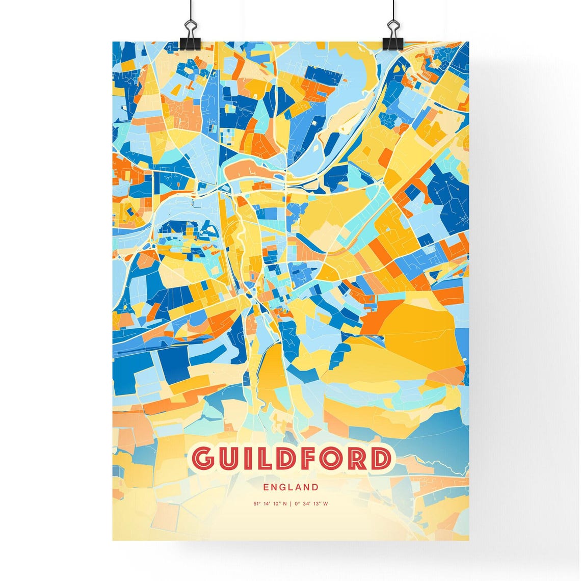 Guildford England Vibrant Blue Orange Street Map Art Decor City Poster - Image 3