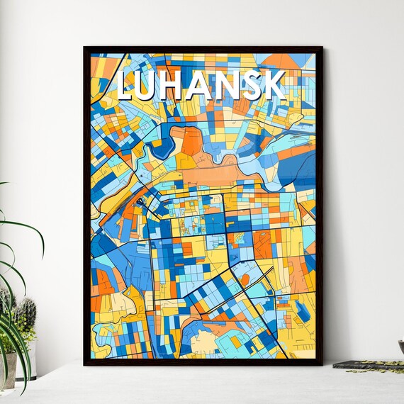 Luhansk Ukraine Colorful Blue and Orange City Street Map Poster