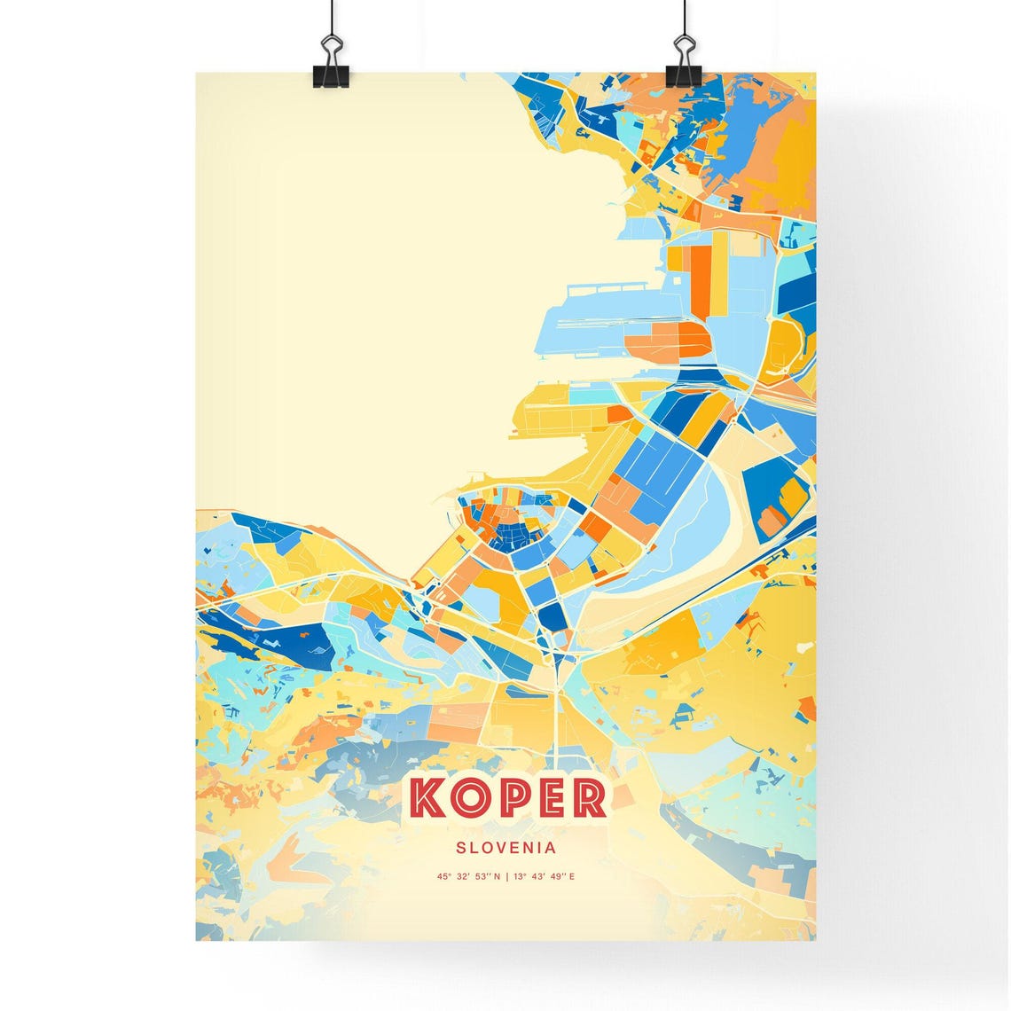 Koper Slovenia Coastal Modern Colorful City Map Blue Orange Poster - Image 3