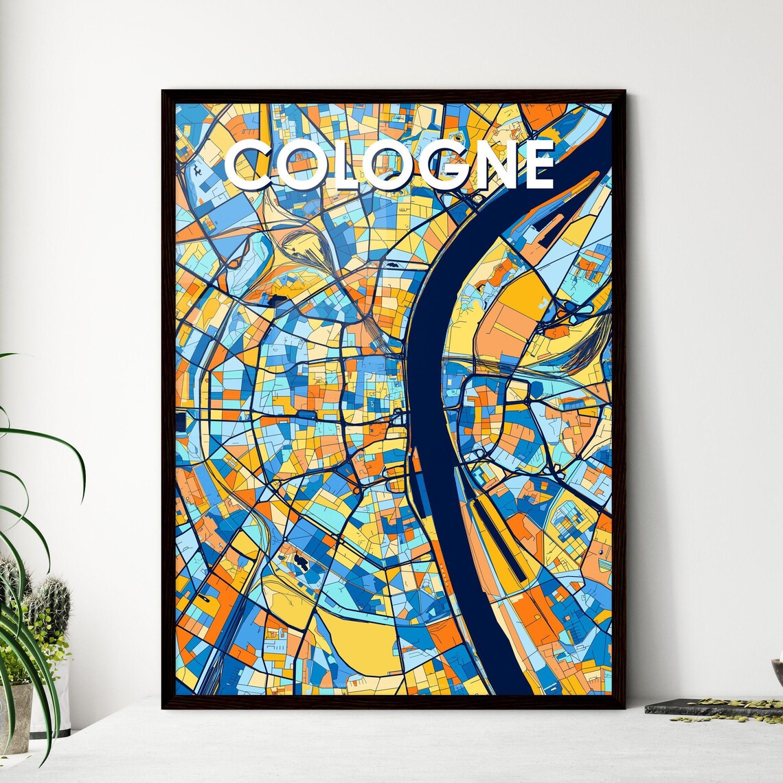 Cologne Germany Colorful Geometric City Map Art Poster in Blue and Orange