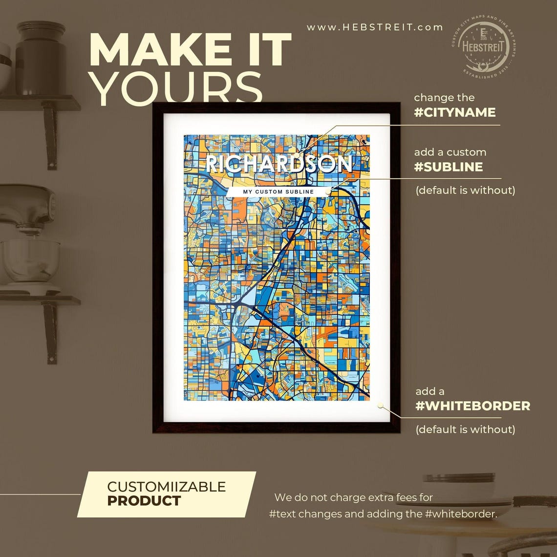 Richardson Texas Colorful Blue Orange City Map Mosaic Poster - Image 2