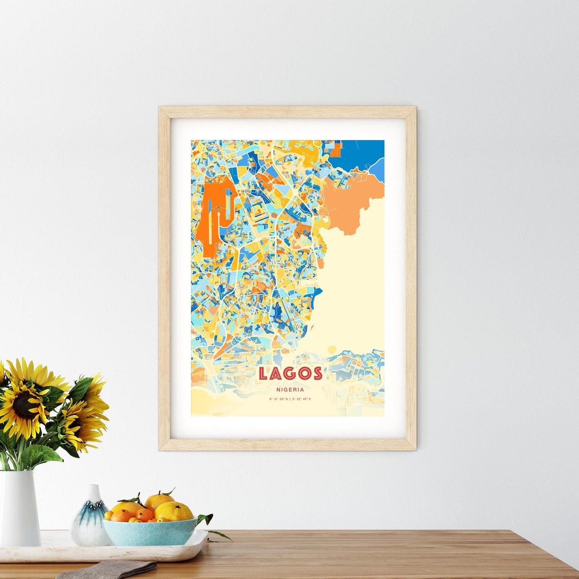 Lagos Nigeria Blue Orange City Map Poster with Coordinates Street Art - Image 2