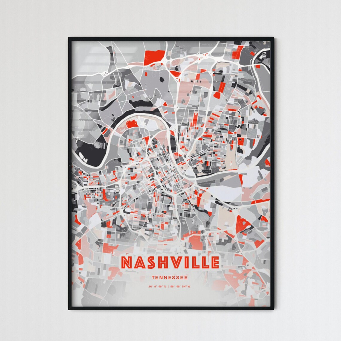 Nashville Tennessee Modern Red Gray Expressive City Map Poster Customizable