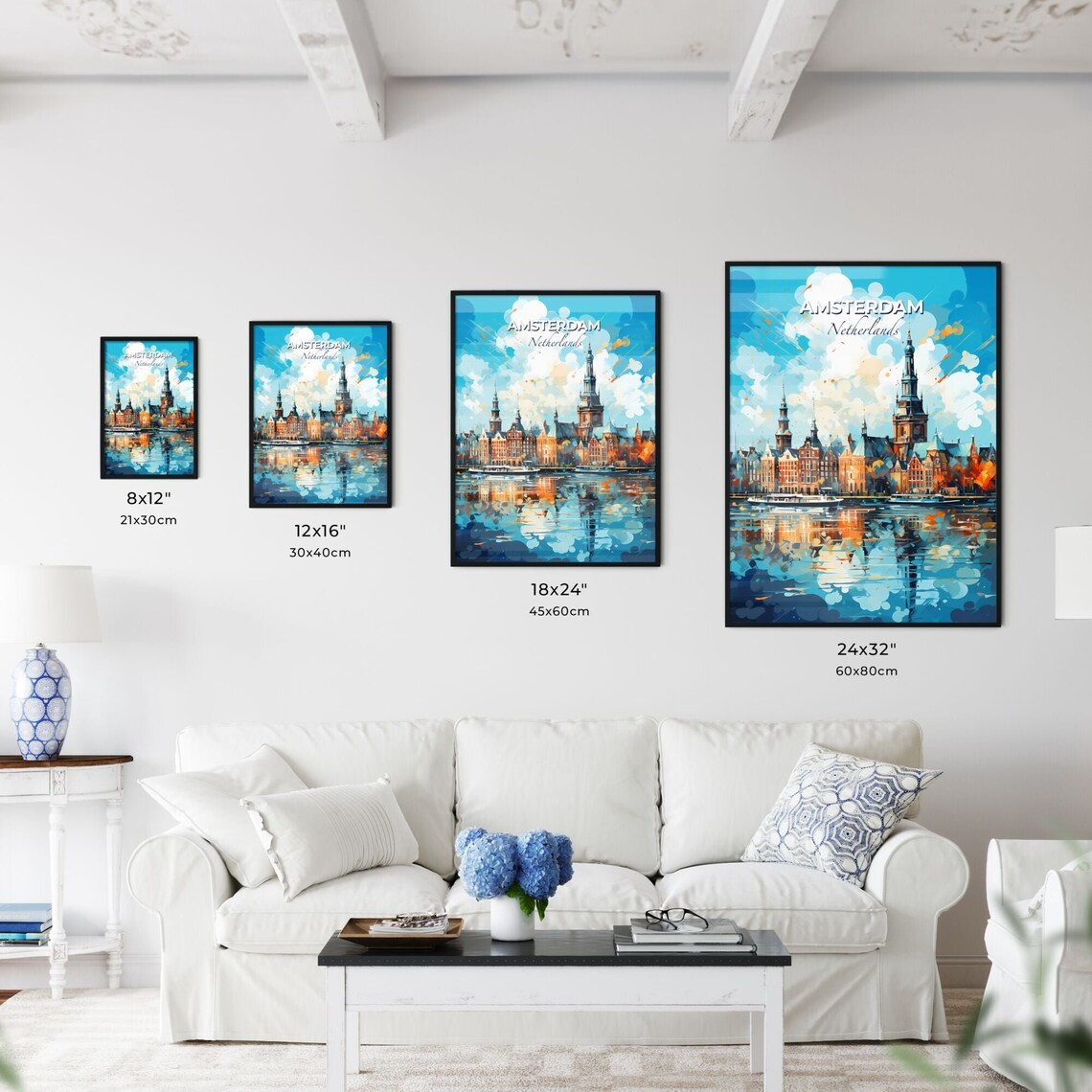 Amsterdam Netherlands Travel Poster Canal Houses Church Tower Reflection Art - Image 3