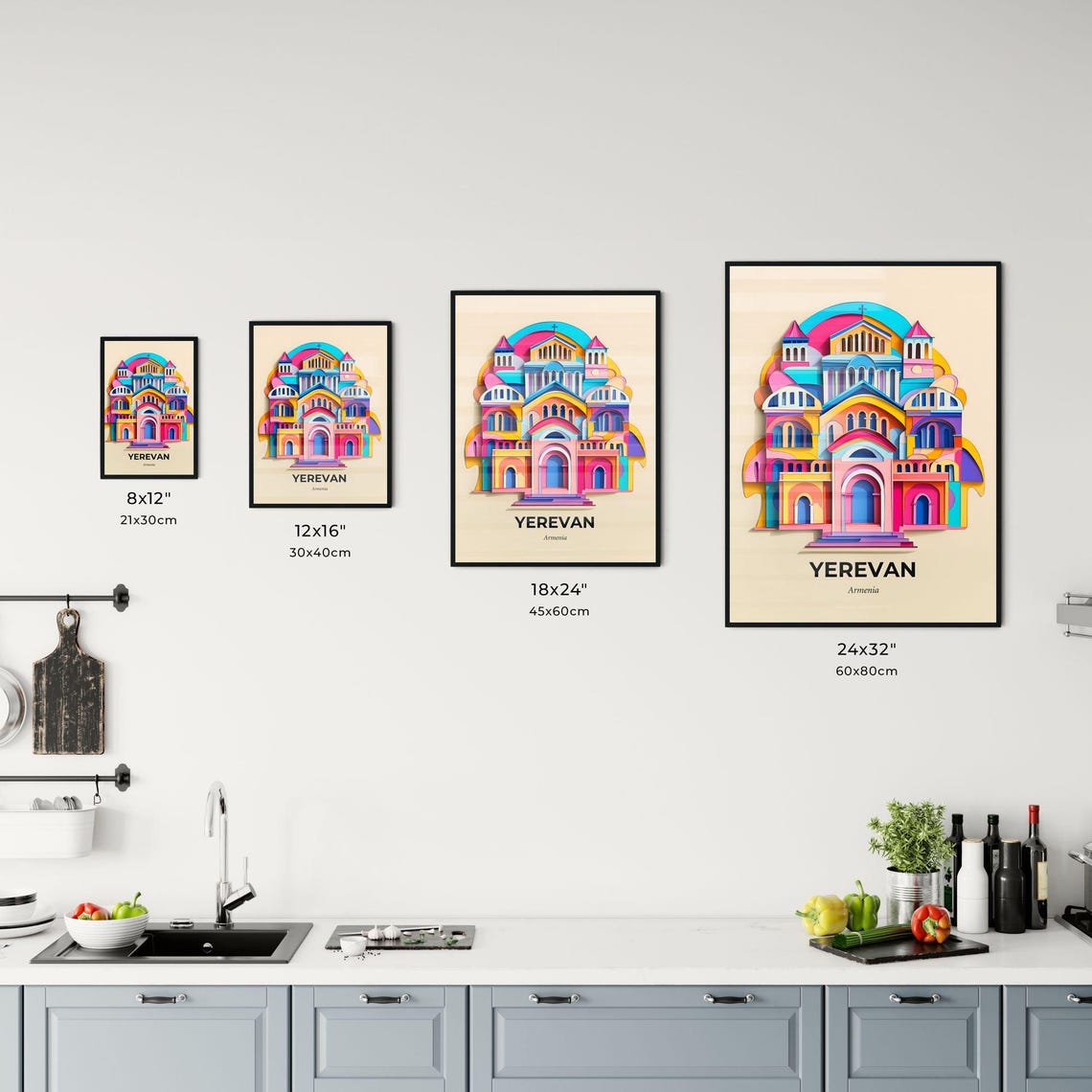 Yerevan Armenia Colorful Cathedral Vivid Arches Paper Cut Poster - Image 3