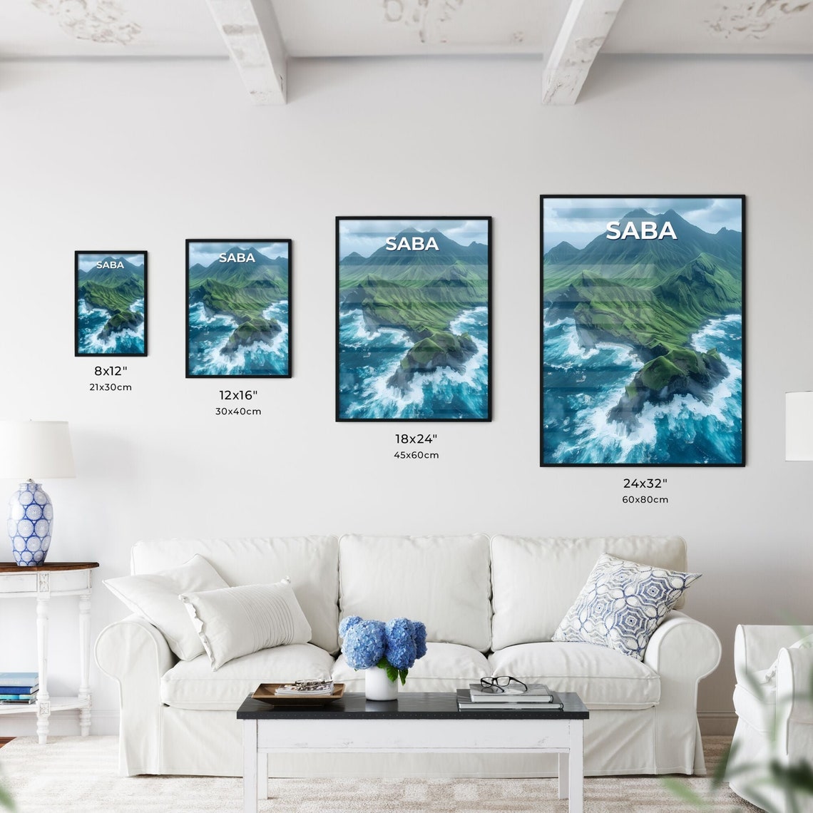 Saba Island Lush Green Peaks Ocean Cliffs Aerial View Poster - Image 3