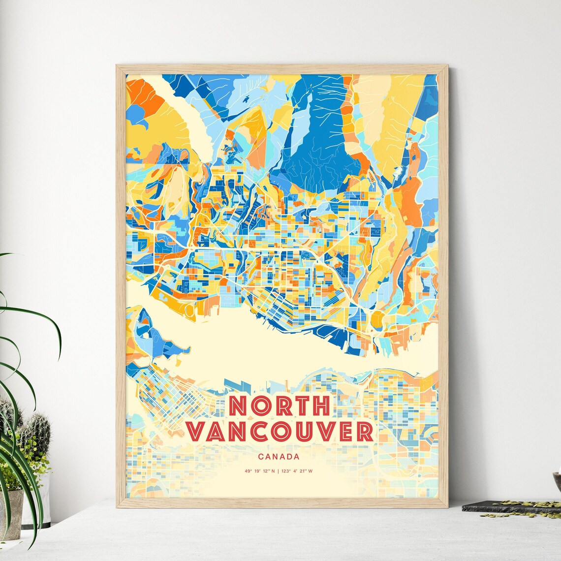 North Vancouver Canada Colorful Blue and Orange Retro City Street Map Wall Art - Image 3