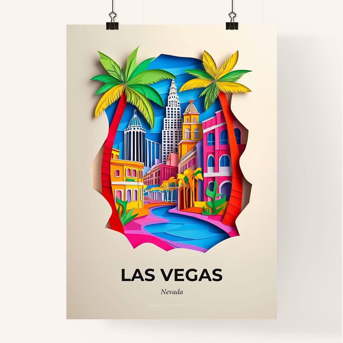 Las Vegas Nevada Colorful Paper Cut Palm Skyline Travel Poster - Image 4