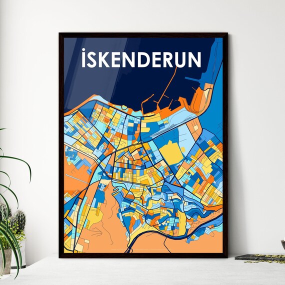 İskenderun Turkey Vibrant Geometric City Map Art Poster in Blue and Orange