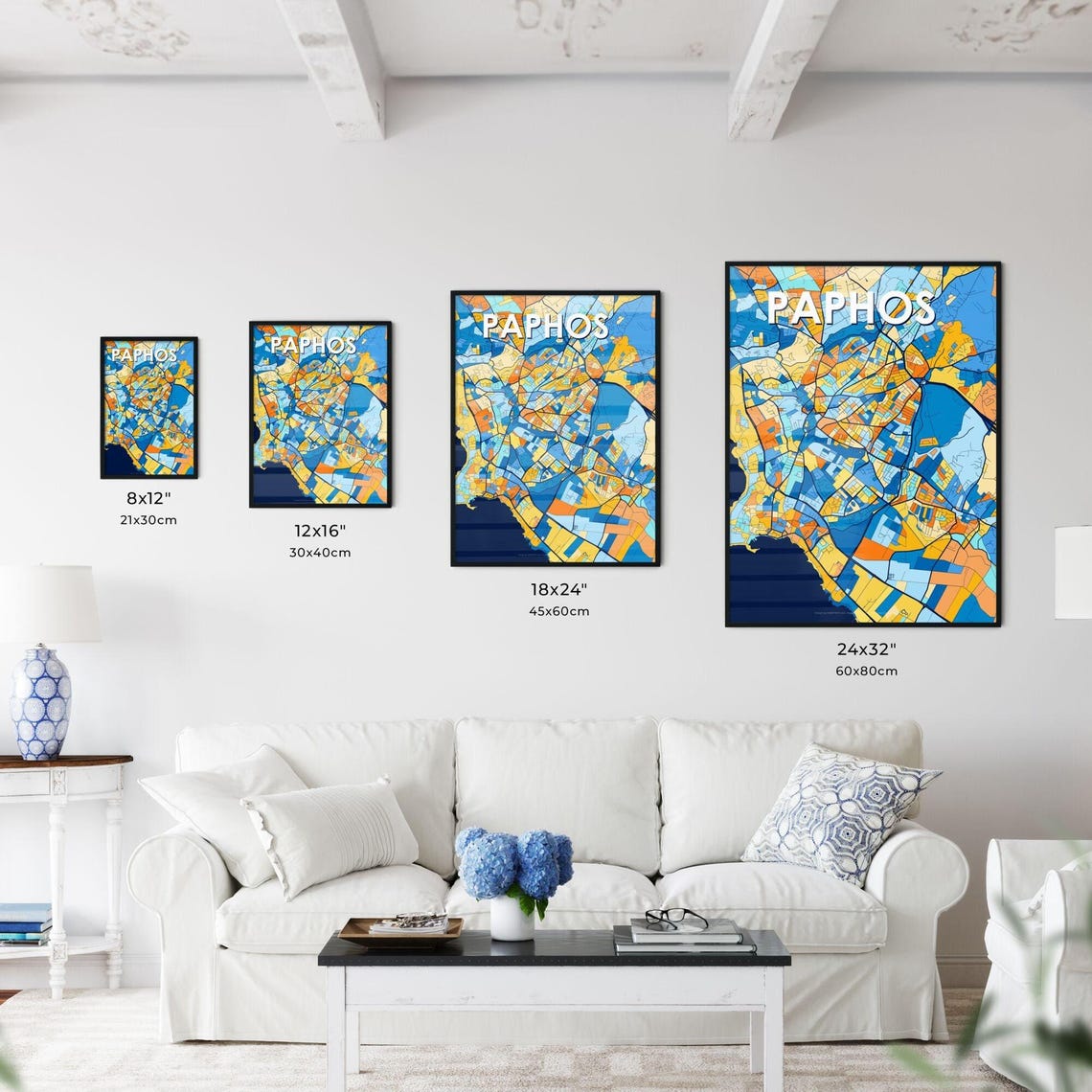 Paphos Cyprus Coastal Colorful Blue Orange City Map Art Poster - Image 3