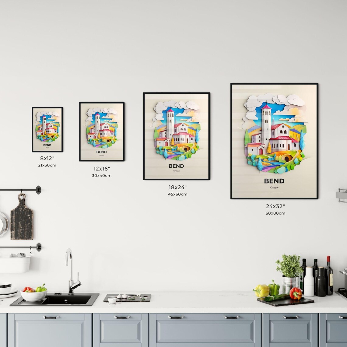 Colorful Bend Oregon Paper Cut Church Town Travel Art Poster - Image 3