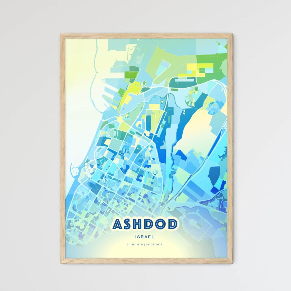 Ashdod Israel Pastel Blue City Map Art with Coordinates Poster