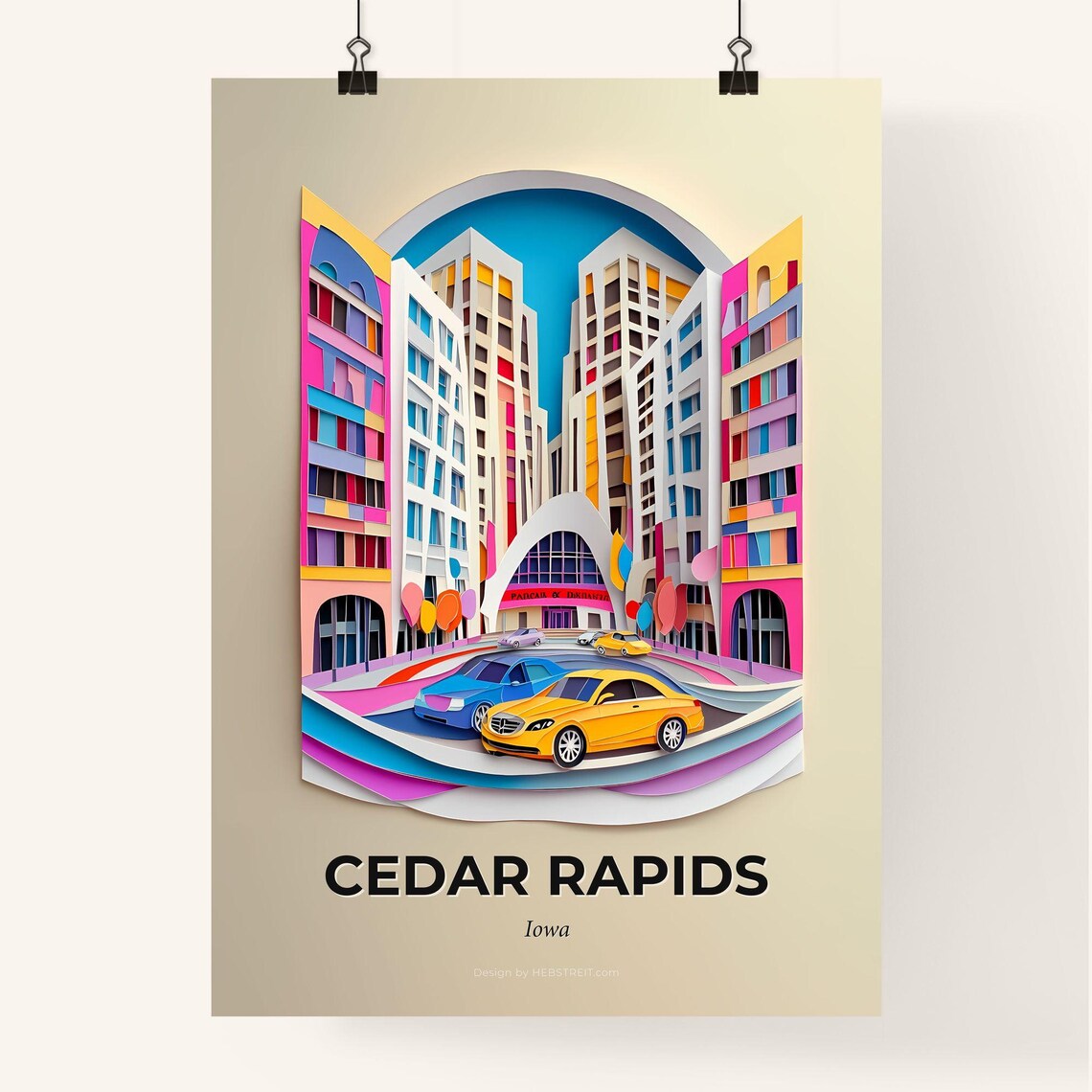 Cedar Rapids Iowa Colorful Paper Cut Vibrant Downtown Street Poster - Image 4