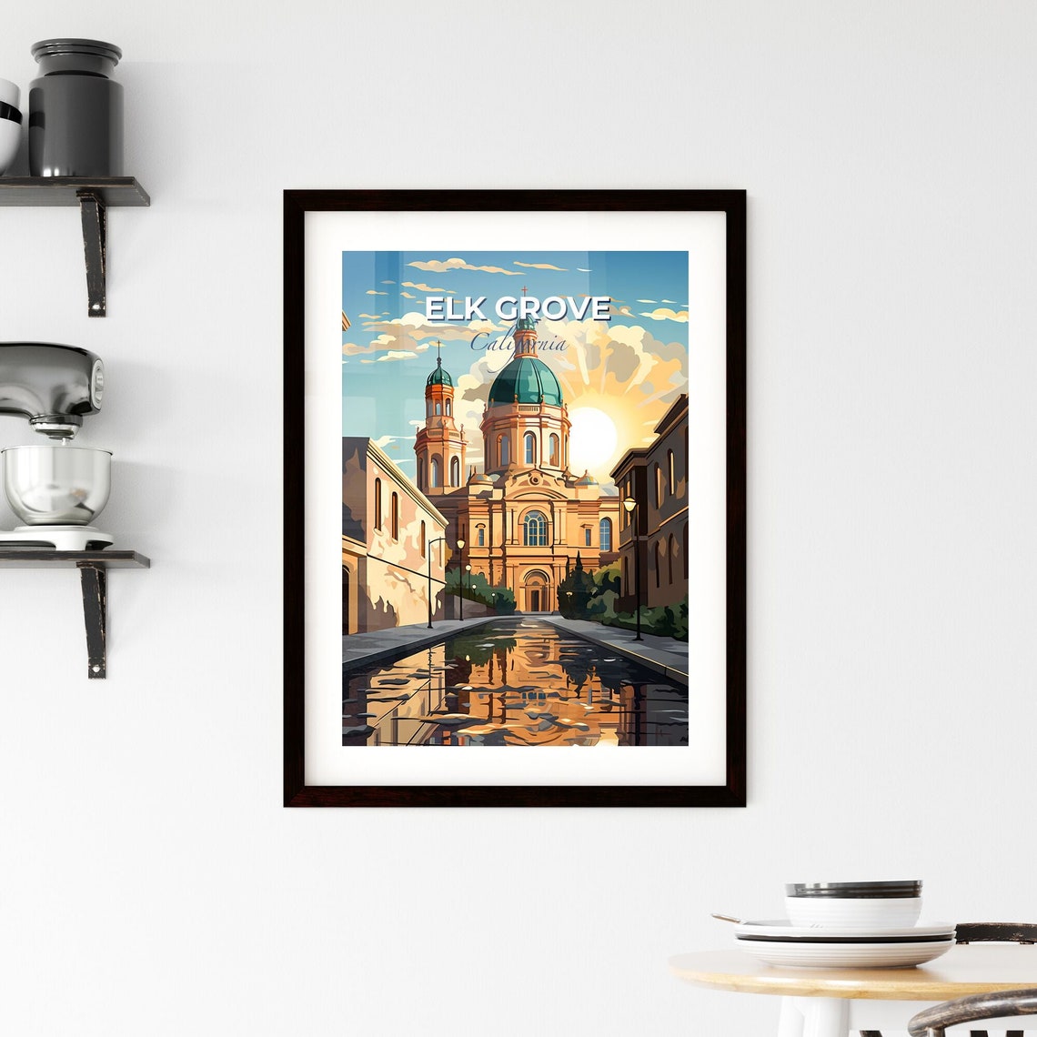 Elk Grove California Cathedral Golden Dome Sunset Reflection Poster - Image 2