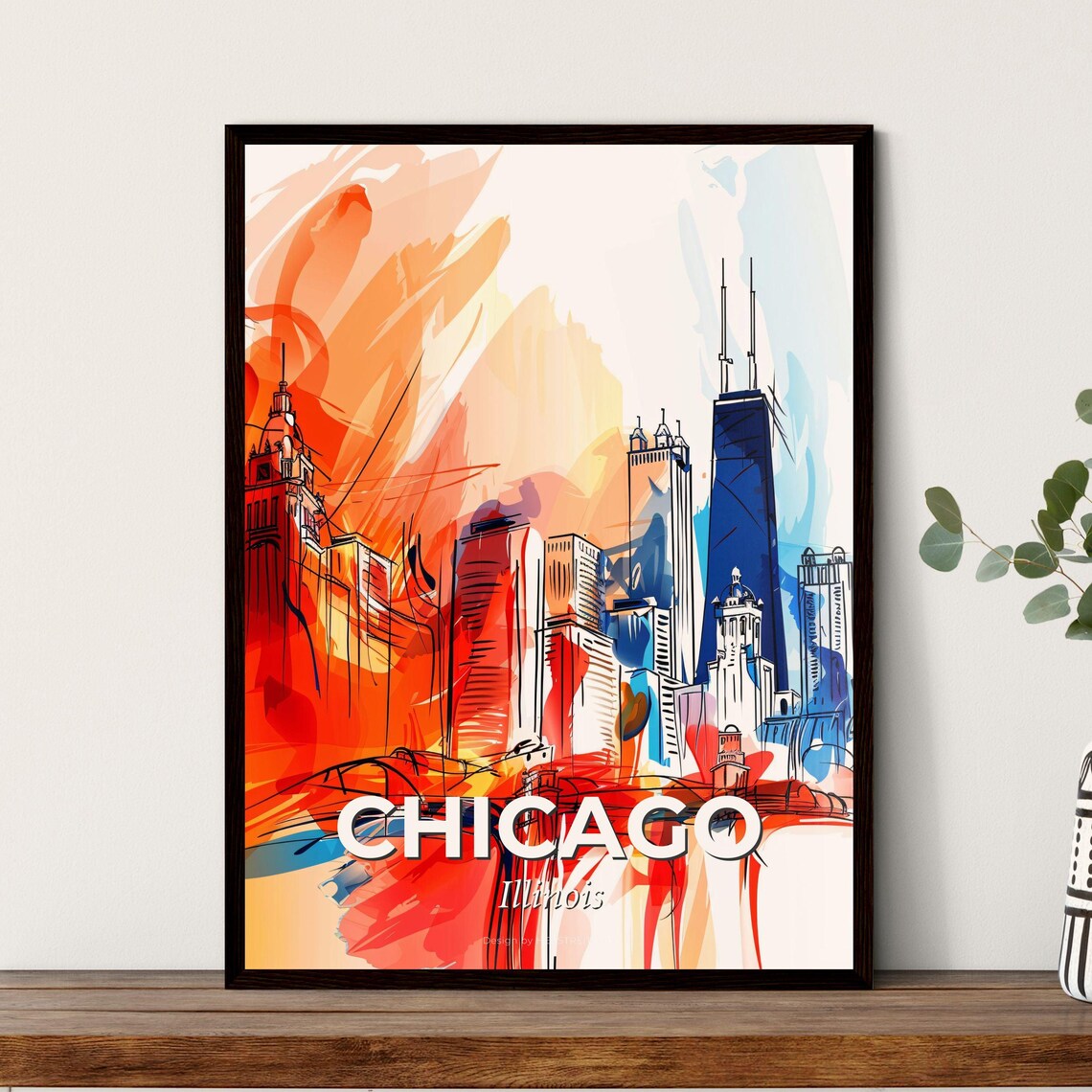 Chicago Illinois Abstract Skyline Vivid Fiery Towers Art Poster