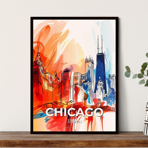 Chicago Illinois Abstract Skyline Vivid Fiery Towers Art Poster