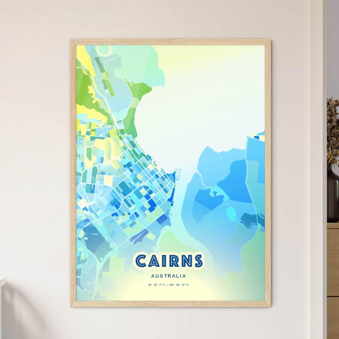 Cairns Australia Pastel Blue City Map Art with Coordinates Poster
