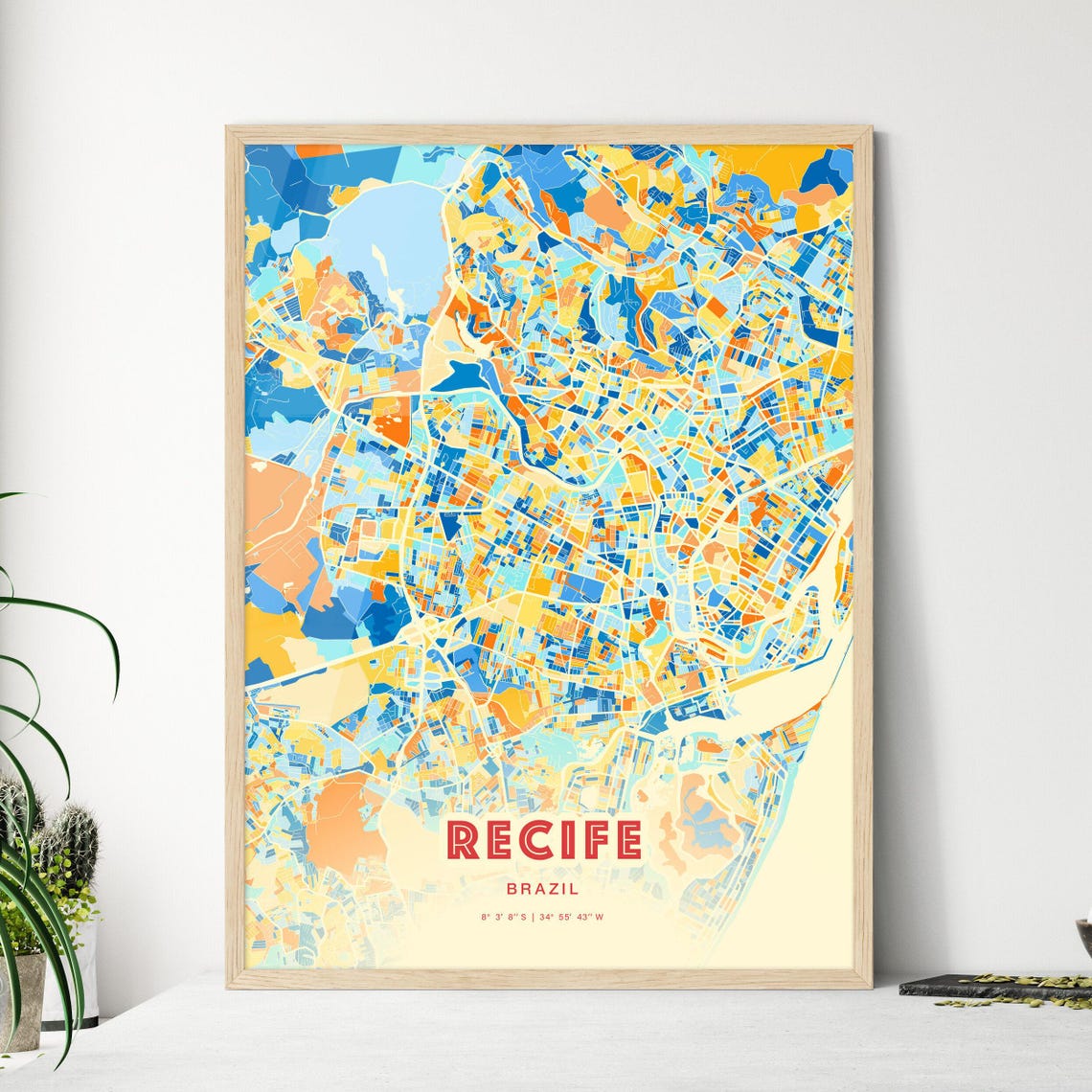 Recife Brazil Vibrant Colorful Modern City Street Map Art Poster
