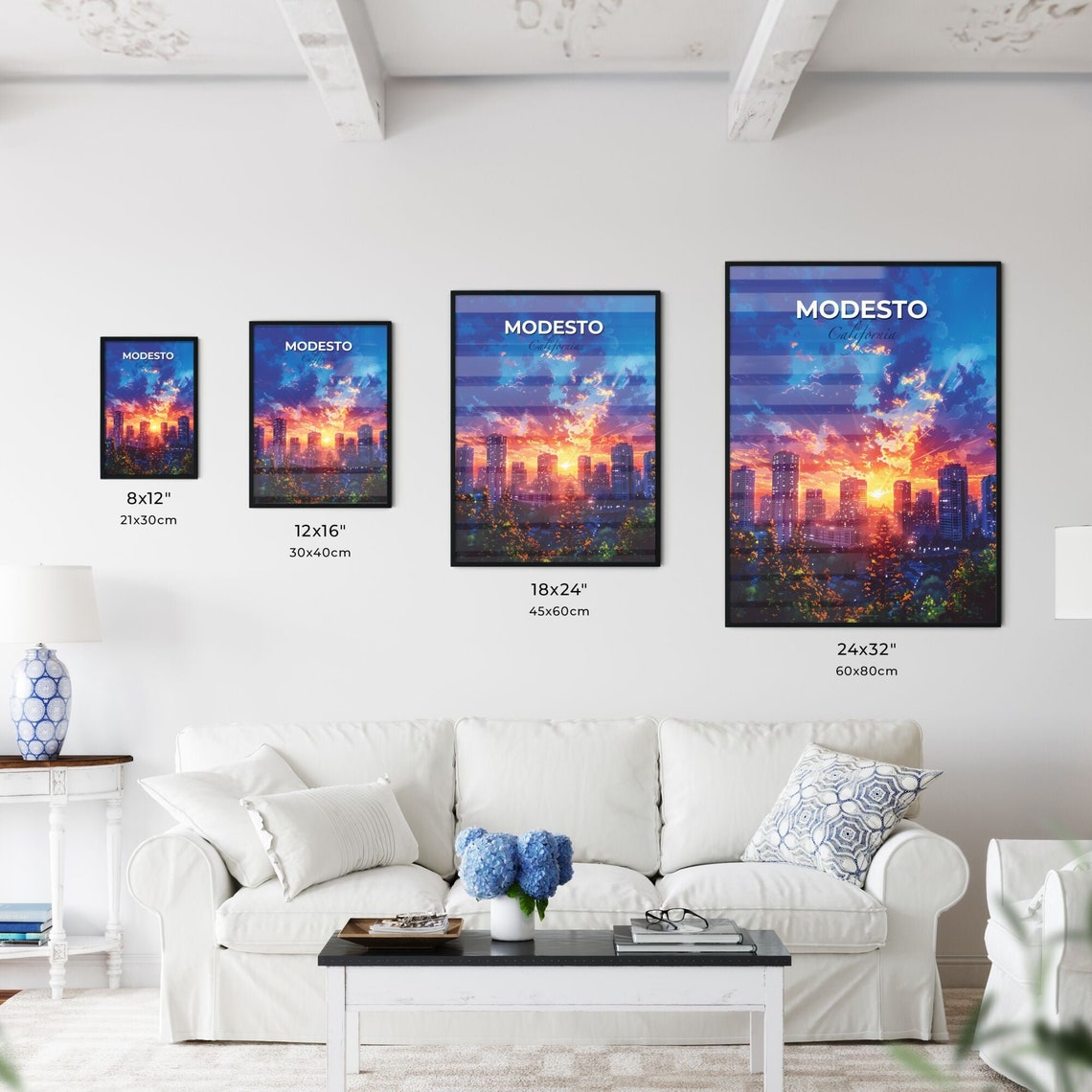 Modesto California Dramatic Sunset Downtown Skyline Travel Poster - Image 3