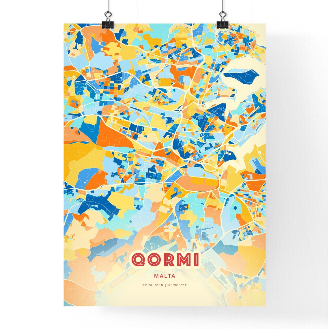 Qormi Malta Elegant Pastel Blue and Orange Fine Art Map Print - Image 3