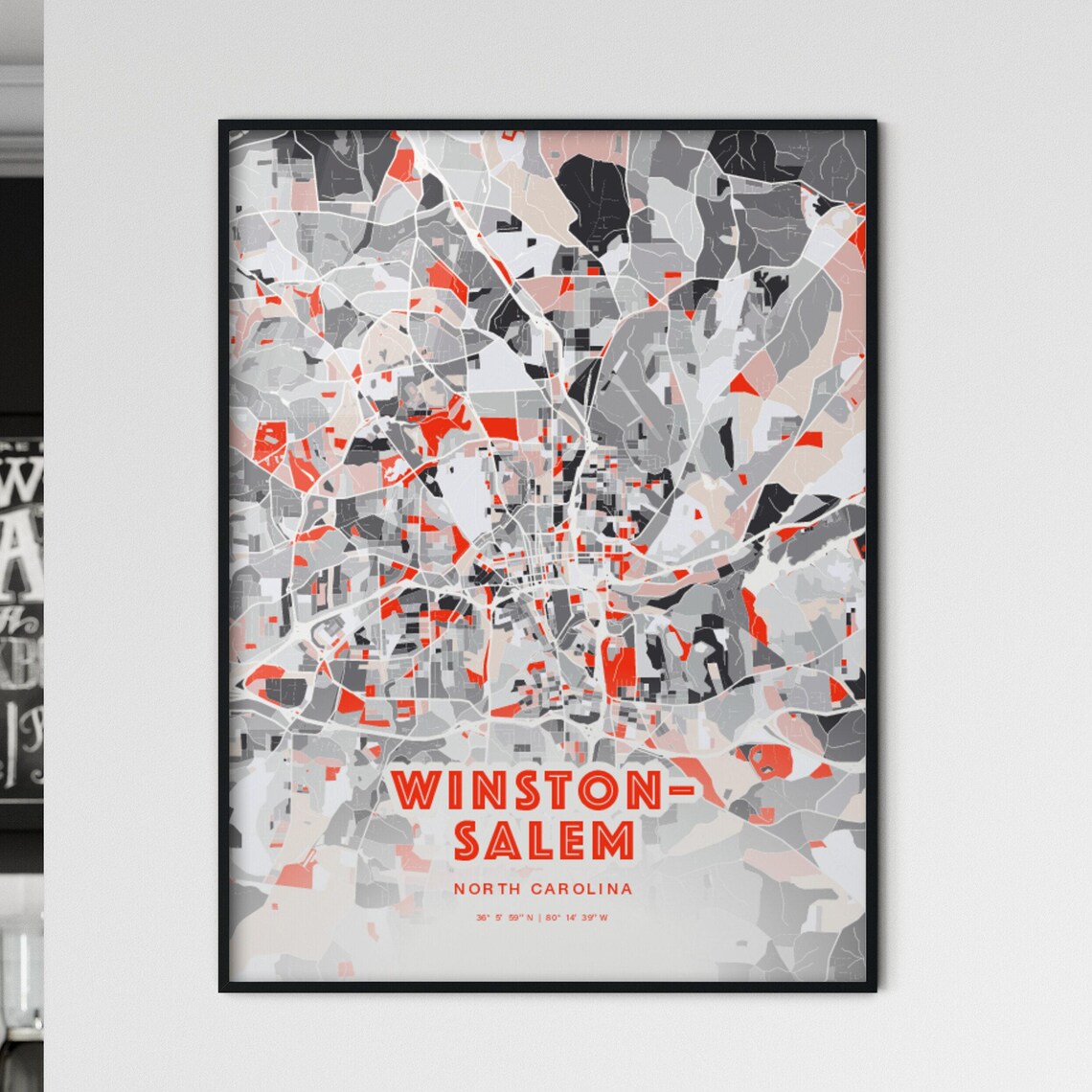 Winston-Salem North Carolina Modern Expressive Red Gray City Map Art Poster