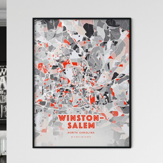 Winston-Salem North Carolina Modern Expressive Red Gray City Map Art Poster
