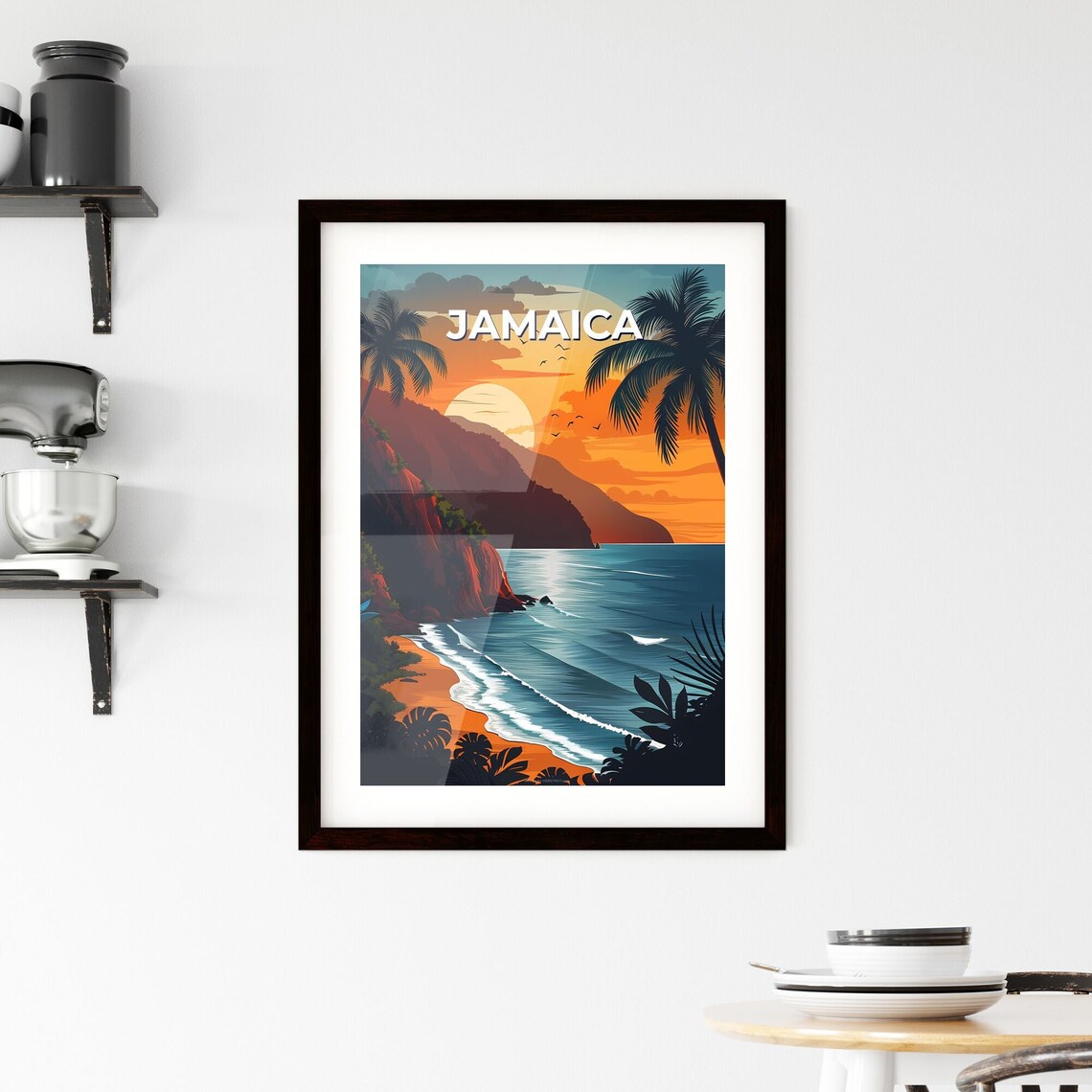 Jamaica Sunset Beach Cliffs Palm Trees Ocean Vintage Travel Poster Art - Image 2