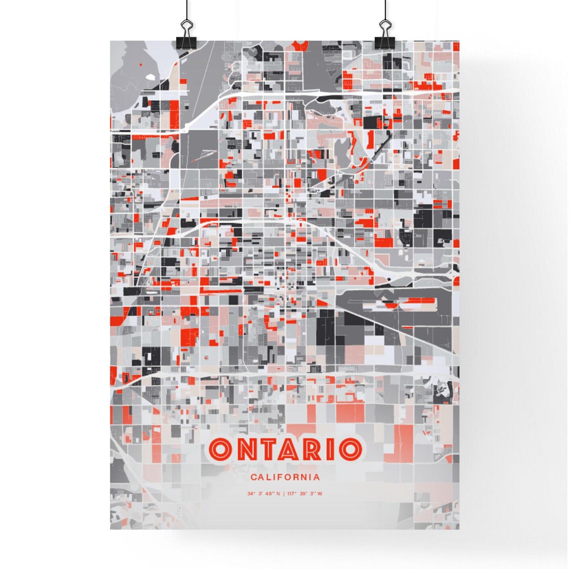 Ontario California City Map Art Modern Red Gray Decor Poster - Image 3