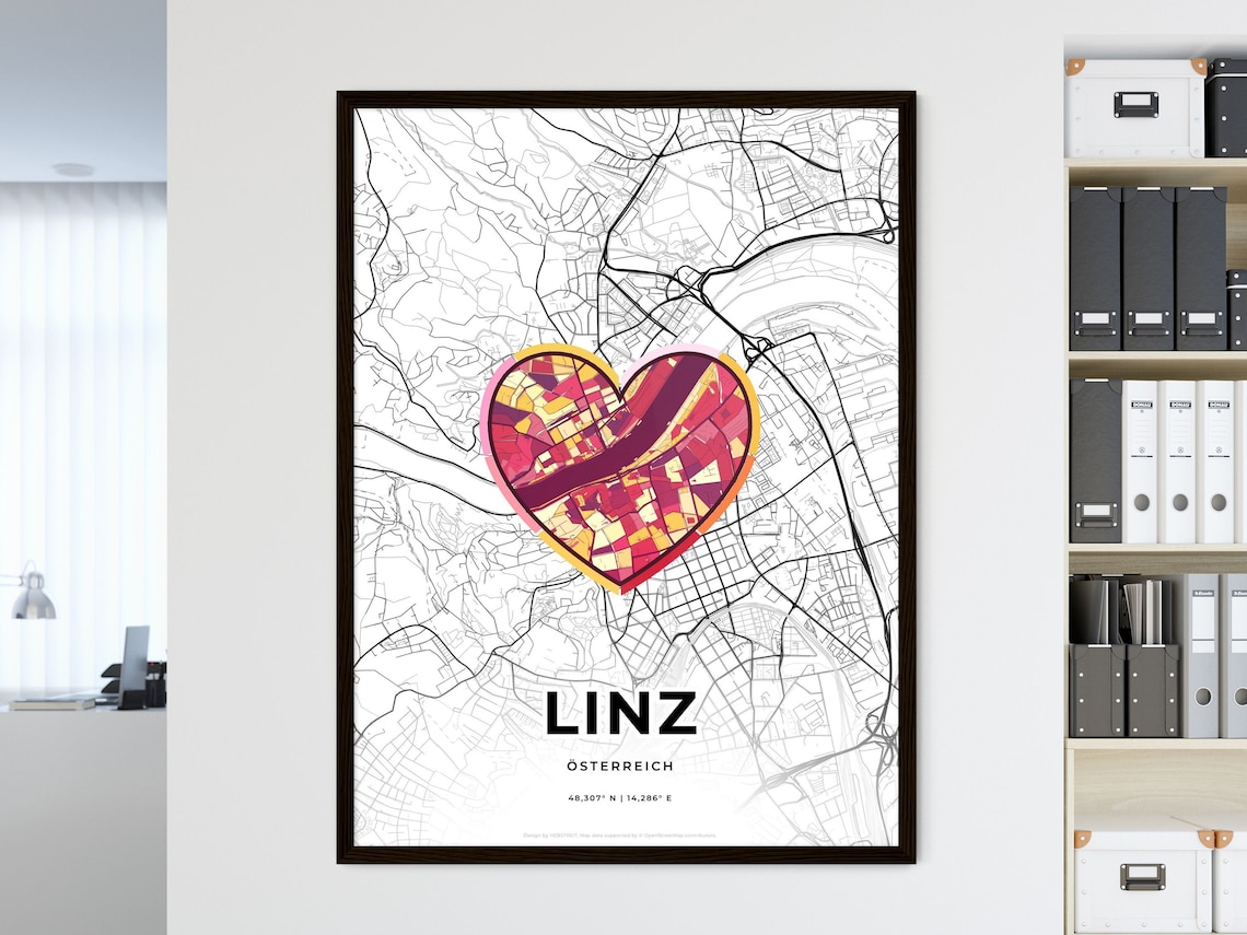 Linz Austria City Modern Minimalist Heart Street Map Art Poster