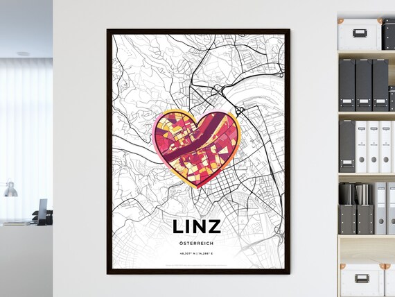 Linz Austria City Modern Minimalist Heart Street Map Art Poster