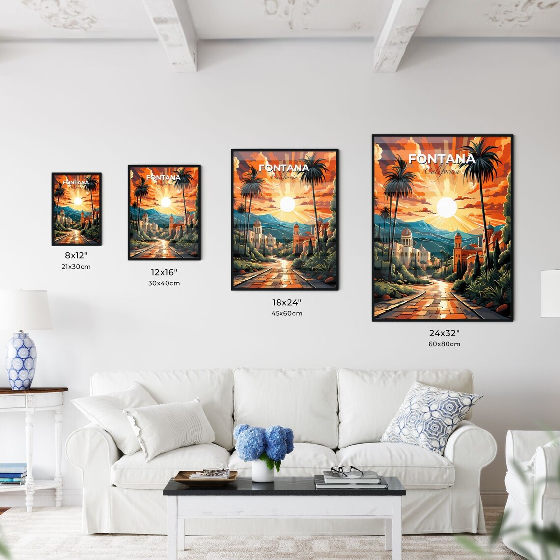 Fontana California Sunburst Sunrise Palm Mission Style Poster - Image 3
