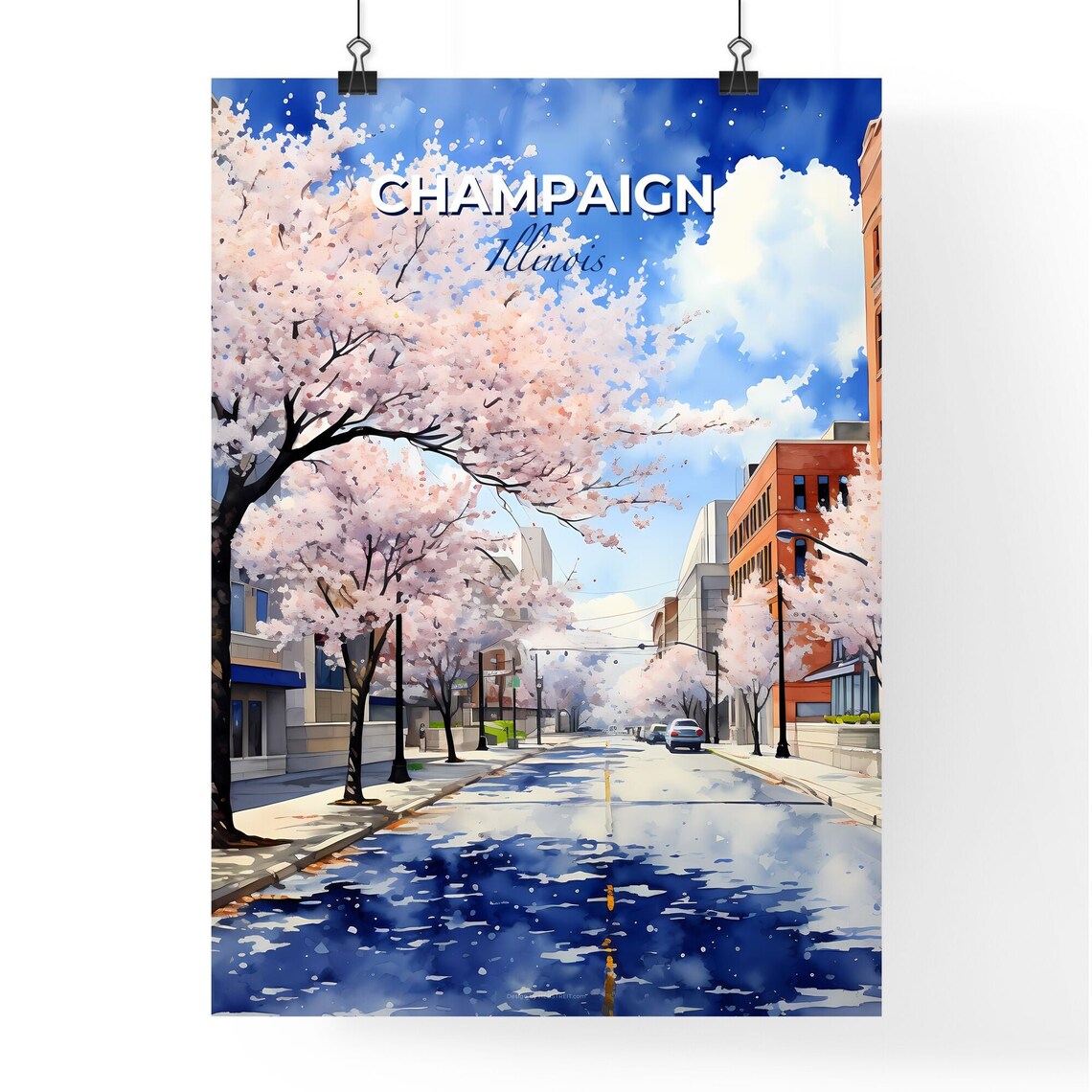 Champaign Illinois Cherry Blossom City Street Spring Travel Poster - Image 4