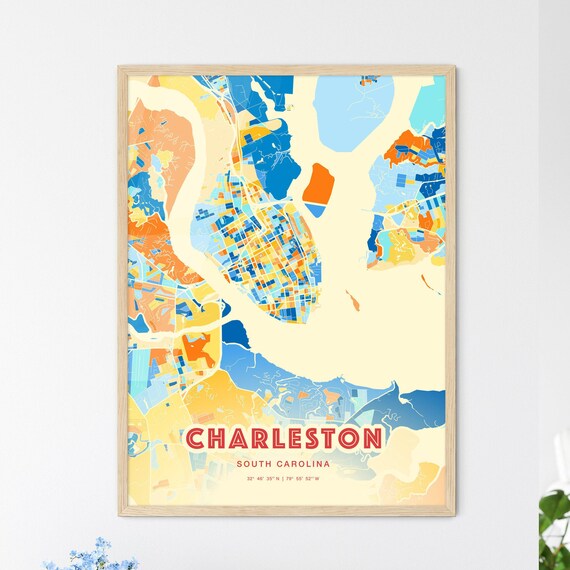 Charleston South Carolina Colorful City Map Art Poster Blue Orange Coastal