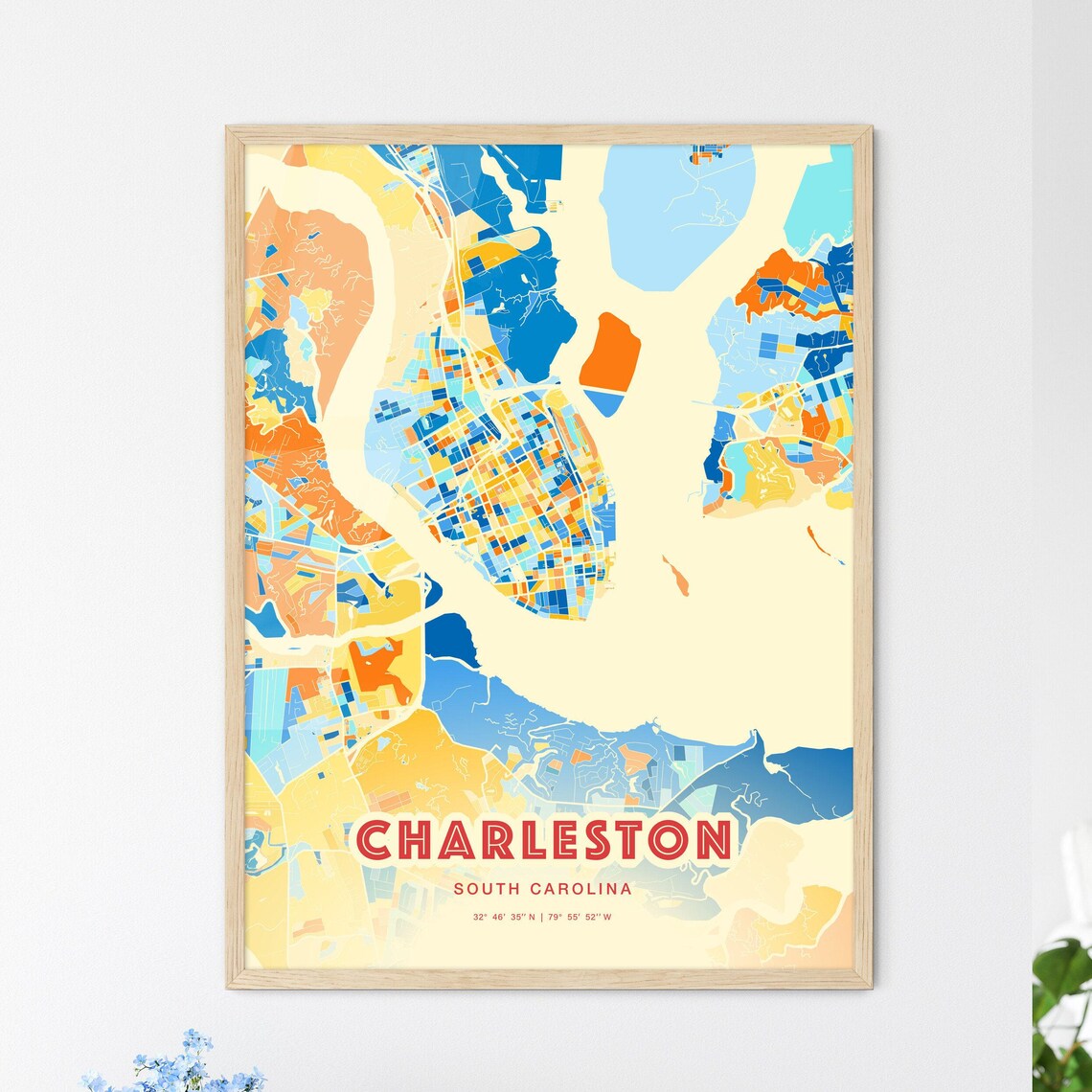 Charleston South Carolina Colorful City Map Art Poster Blue Orange Coastal