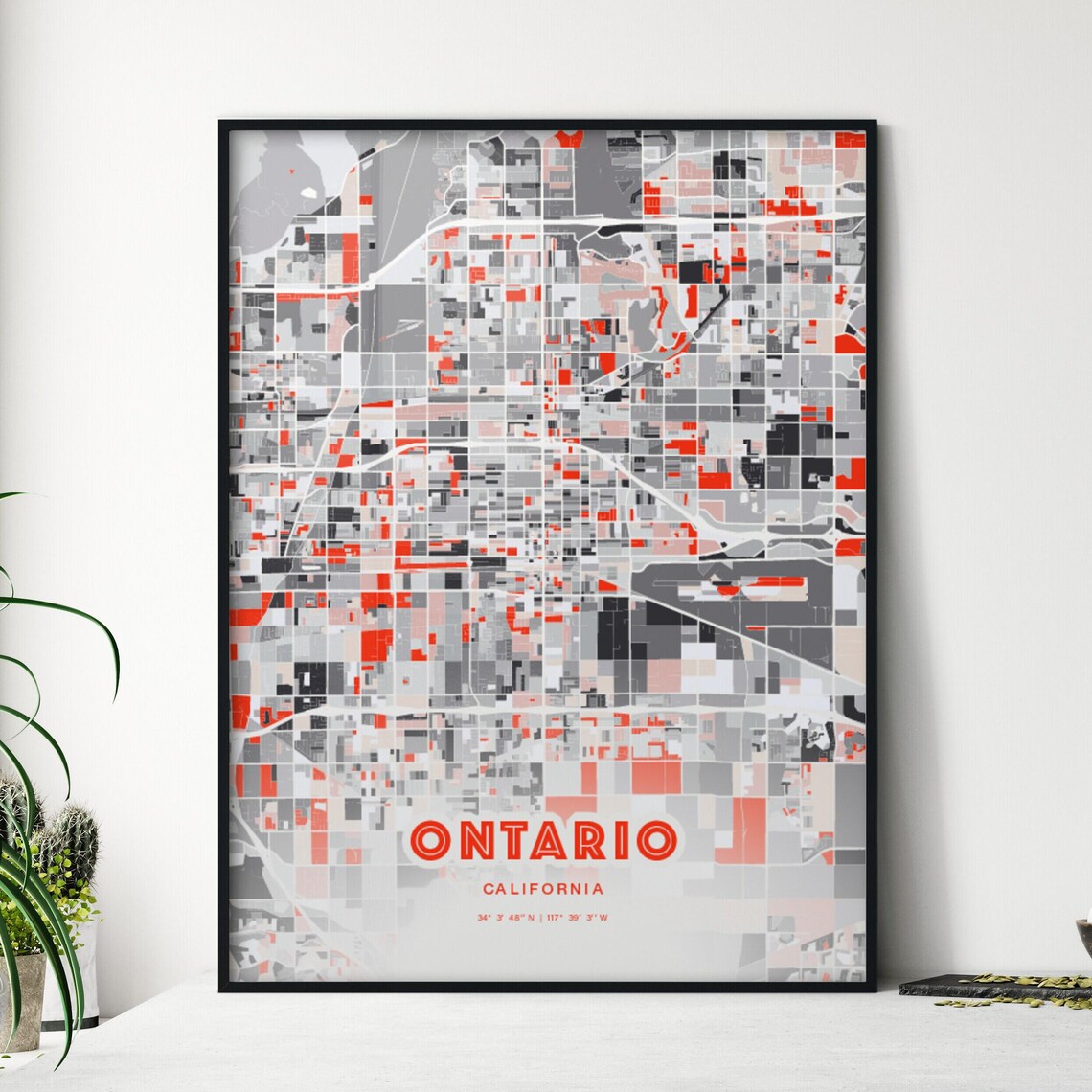 Ontario California City Map Art Modern Red Gray Decor Poster