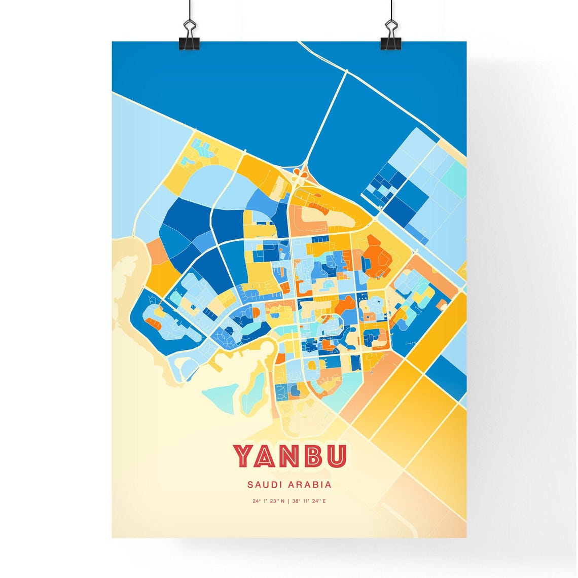 Yanbu Saudi Arabia Blue Orange Abstract City Map Fine Art Poster - Image 3