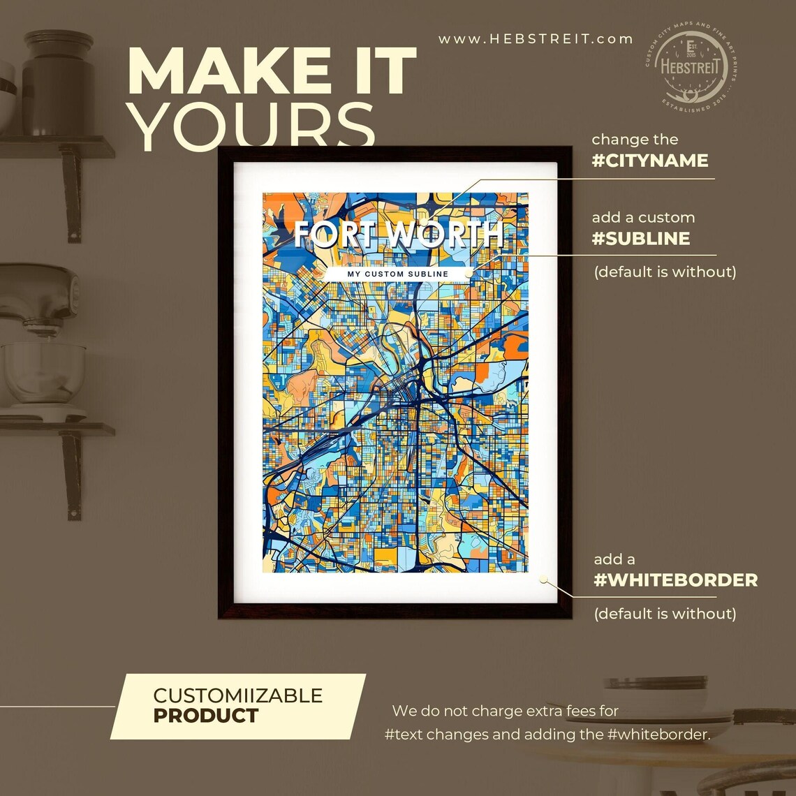 Fort Worth Texas Vibrant Colorful Illustrated Street Map Art Poster - Image 2