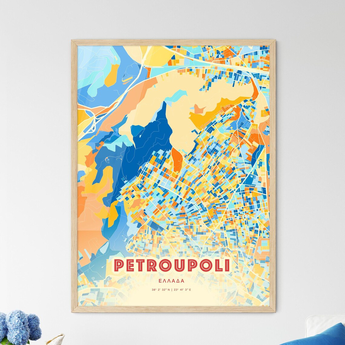 Petroupoli Greece Blue Orange Colorful City Map Art Poster With Coordinates