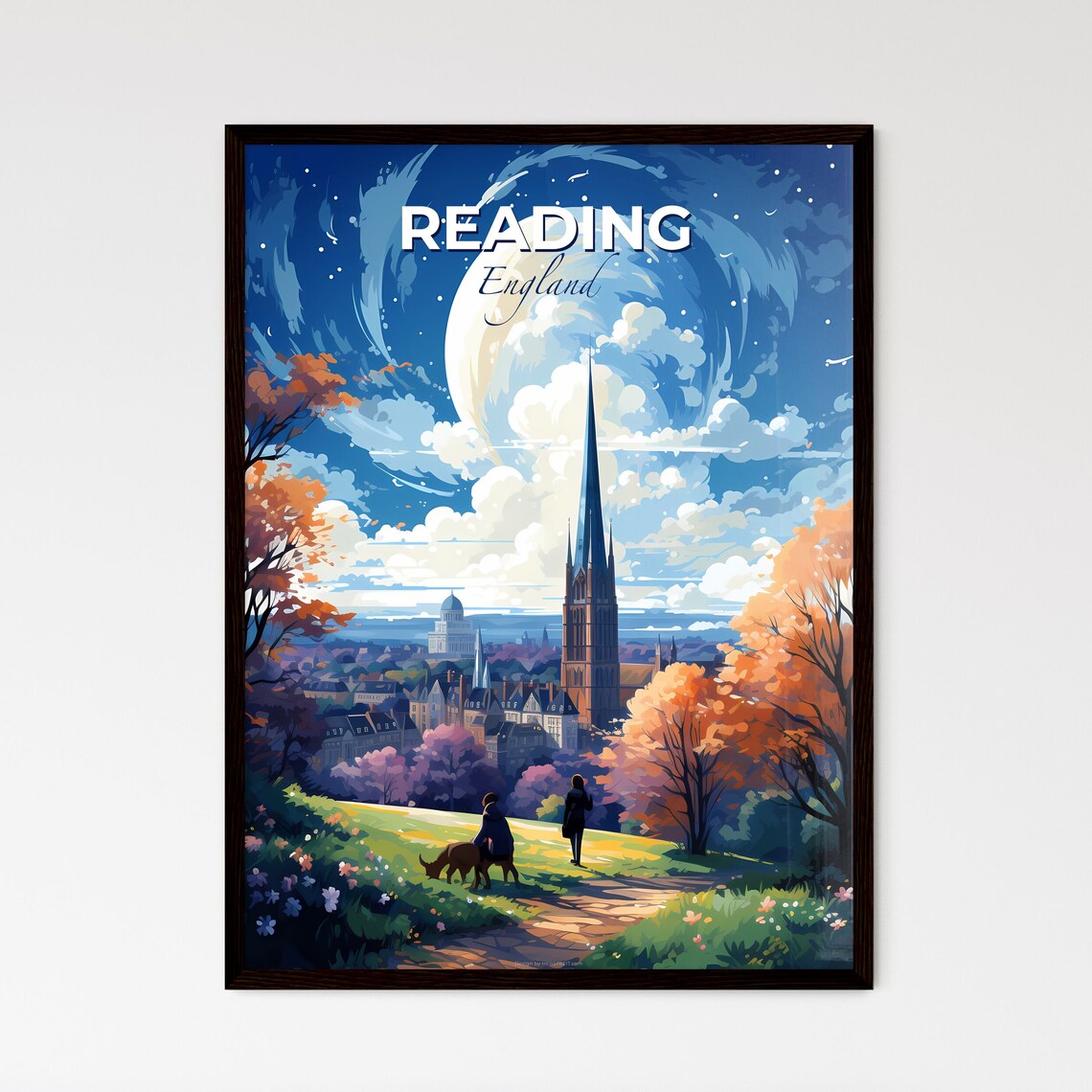 Reading England Church Spire Autumn Scene Vintage Travel Poster