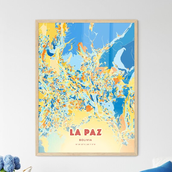 La Paz Bolivia Colorful Blue Orange City Street Map Coordinates Poster