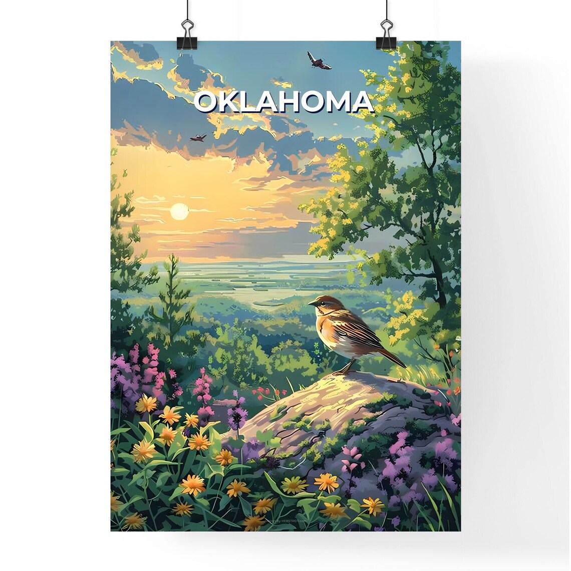 Oklahoma Songbird Wildflower Prairie Sunrise Nature Travel Poster - Image 4