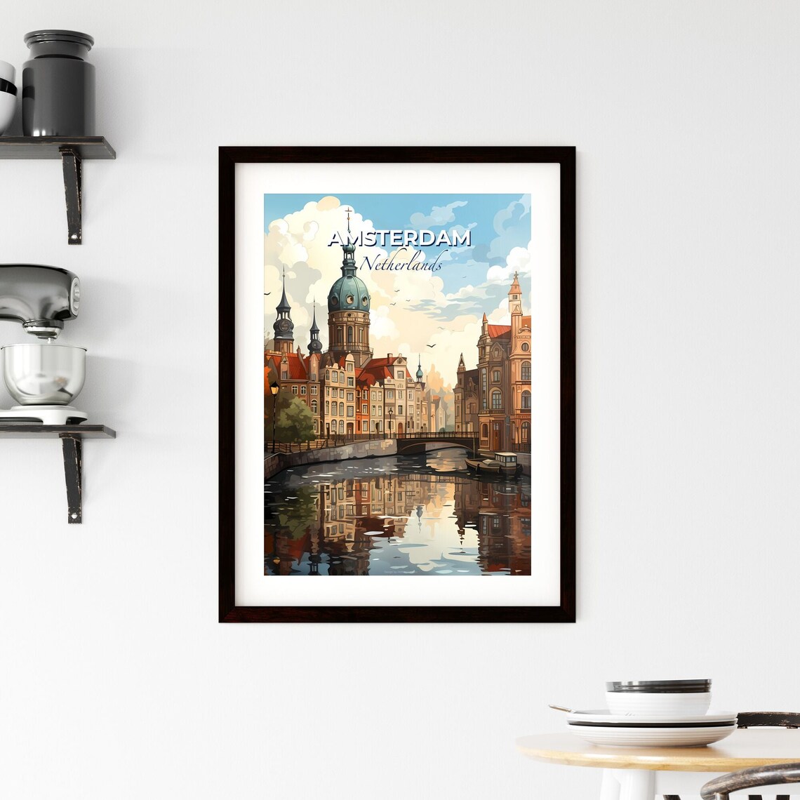Amsterdam Netherlands Canal Travel Poster Historic City Reflection Art - Image 2