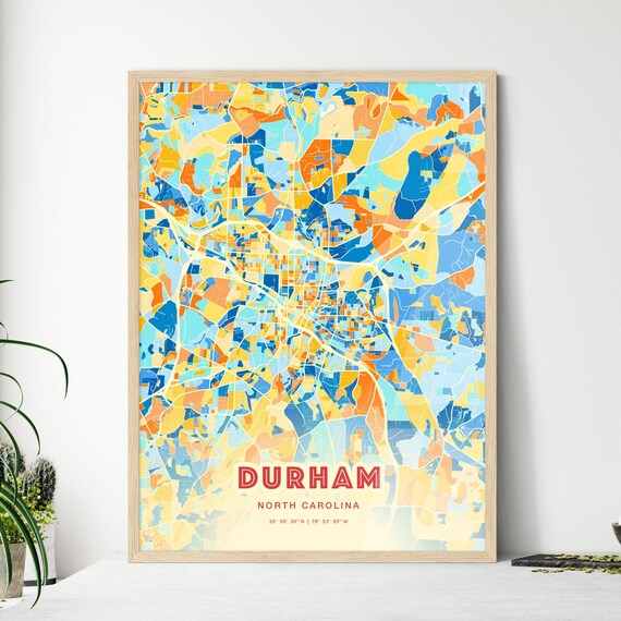 Durham North Carolina Colorful City Map Art Poster Blue Orange Design