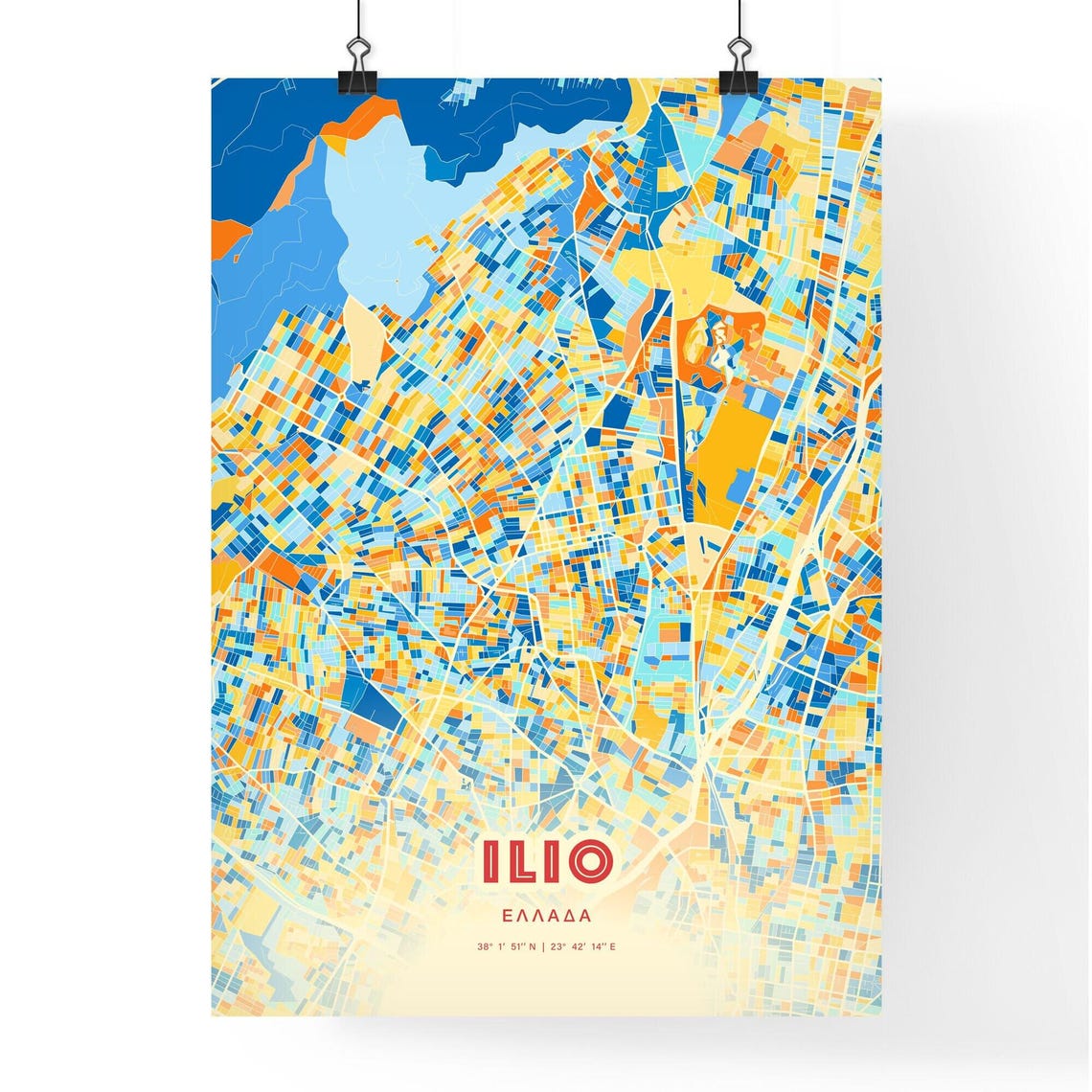 Ilio Greece Blue Orange Colorful City Map Art Poster With Coordinates - Image 3